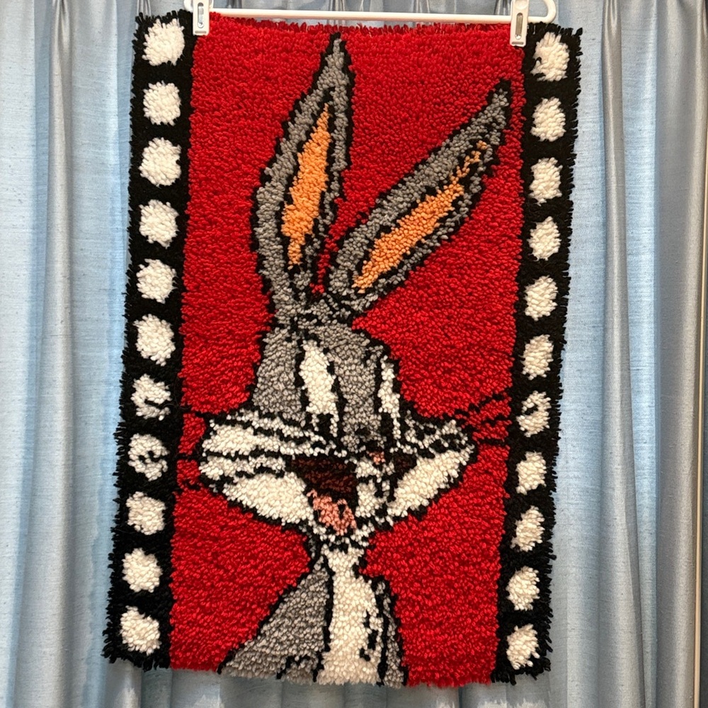 Vintage Bugs Bunny from Looney Tunes "Bugs on Film" Latch Hook Rug Handmade 29"